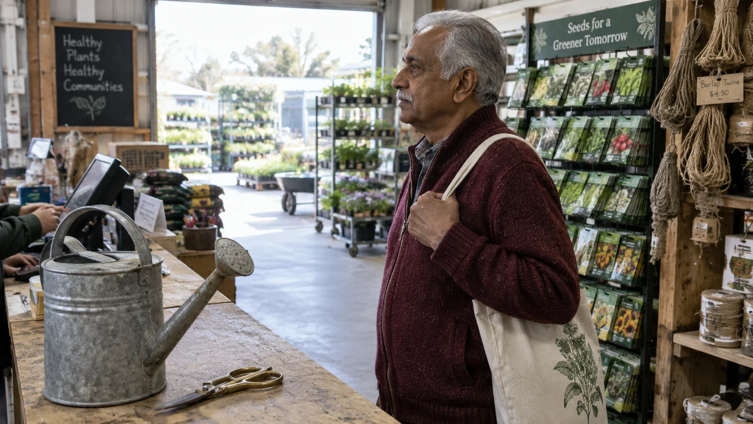 Senior man with a tote bag standing at a garden center checkout counter next to a metal watering can and seed rack.
