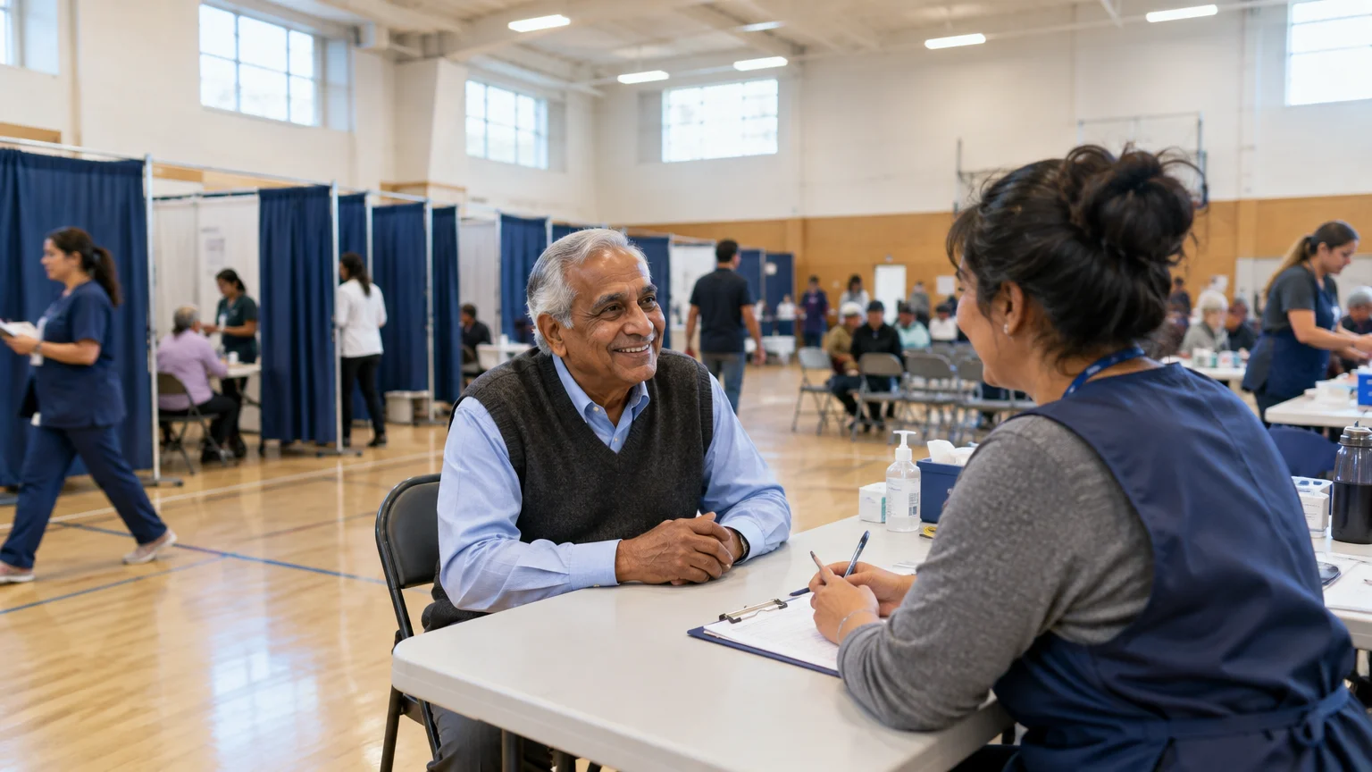 An older man smiling across a table from an intake worker holding a clipboard inside a temporary community clinic.