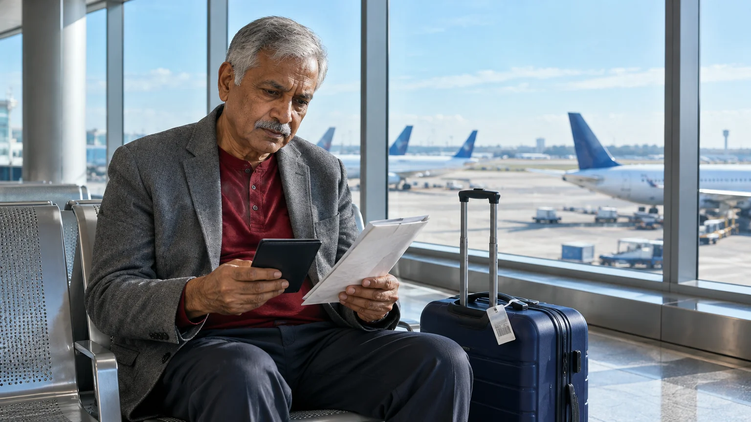 Older man holding documents and a phone while sitting beside a suitcase at an airport terminal gate.