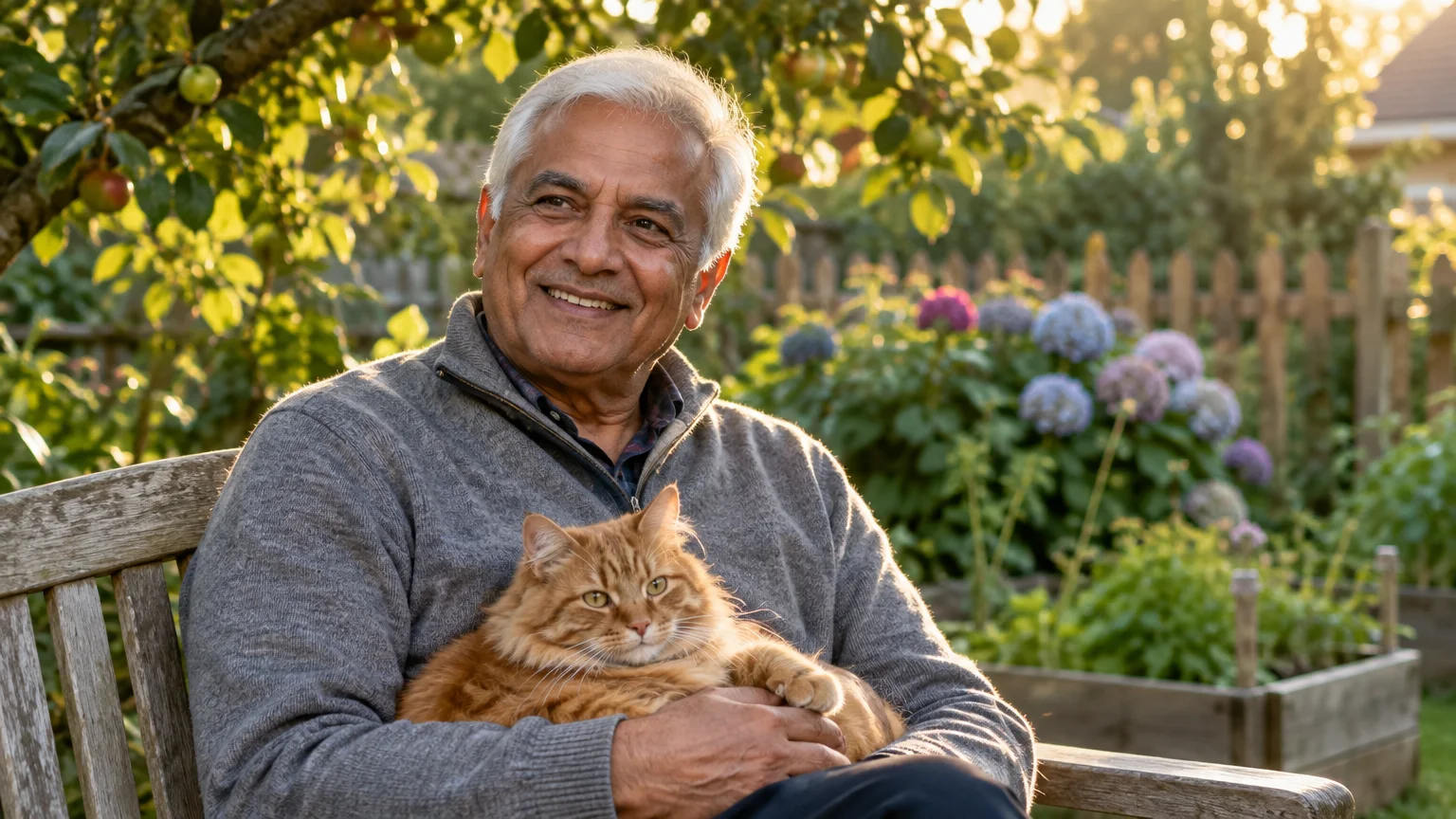 A smiling older man with grey hair sits on a wooden garden bench holding a fluffy ginger cat on his lap.