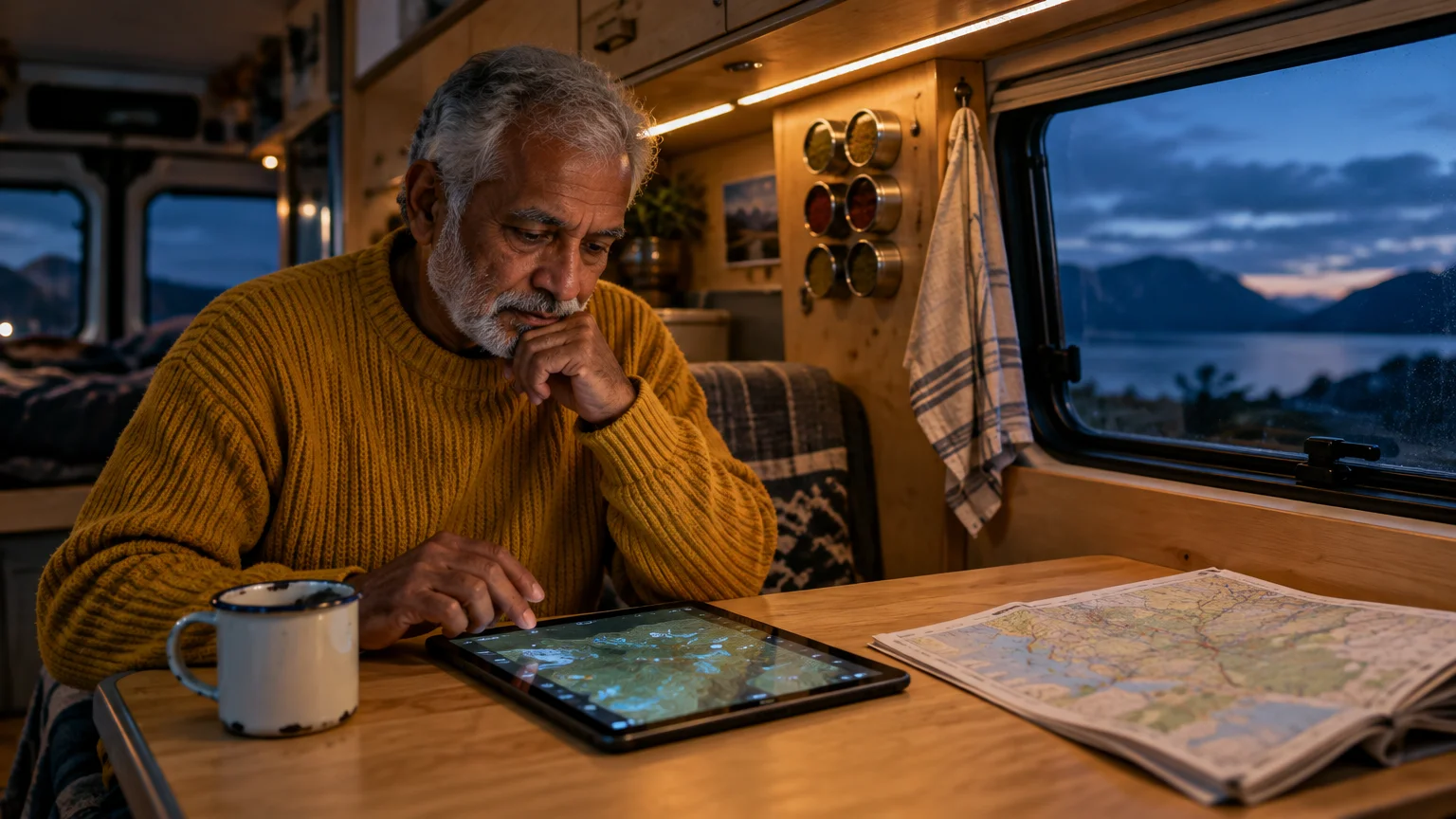 Older man in a yellow sweater using a tablet inside a camper van at dusk, with a map and mug on the table.