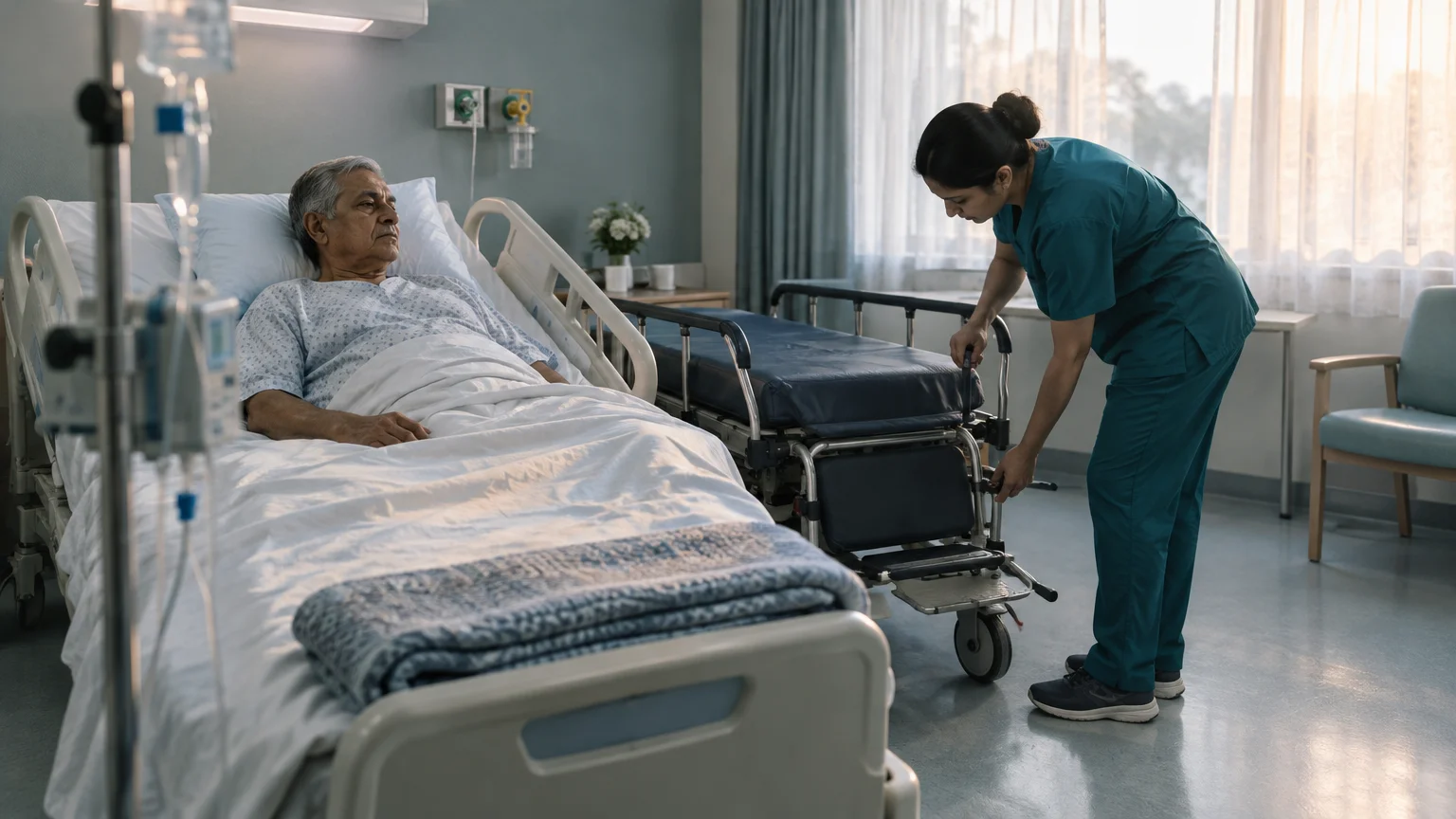 A healthcare worker in teal scrubs adjusts a gurney beside an elderly patient resting in a hospital bed.