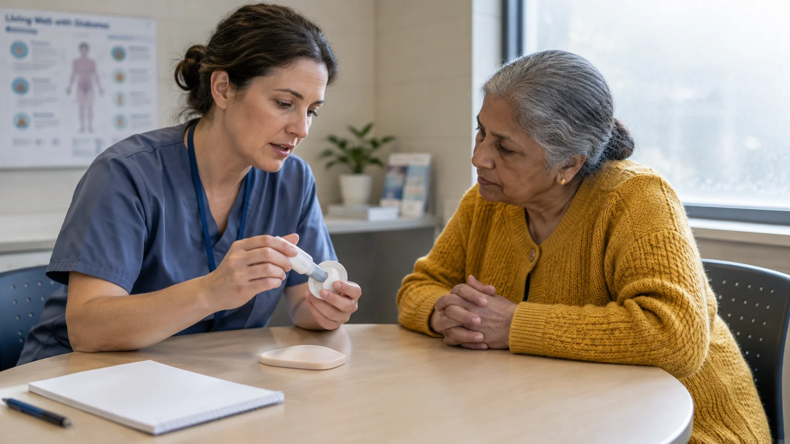 A healthcare worker in blue scrubs demonstrates a glucose monitor applicator to an older woman in a yellow cardigan.