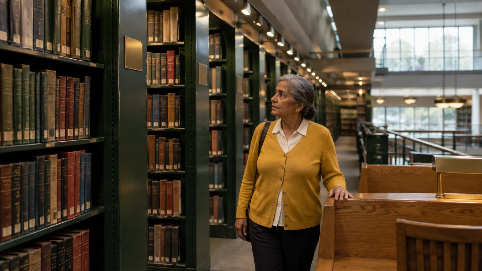 A mature woman in a yellow cardigan stands beside tall wooden bookshelves in a multi-story university library.