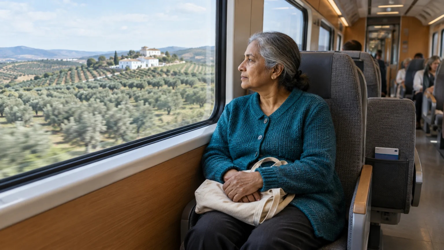A mature woman in a teal sweater looks out a train window at rolling green hills and olive groves.