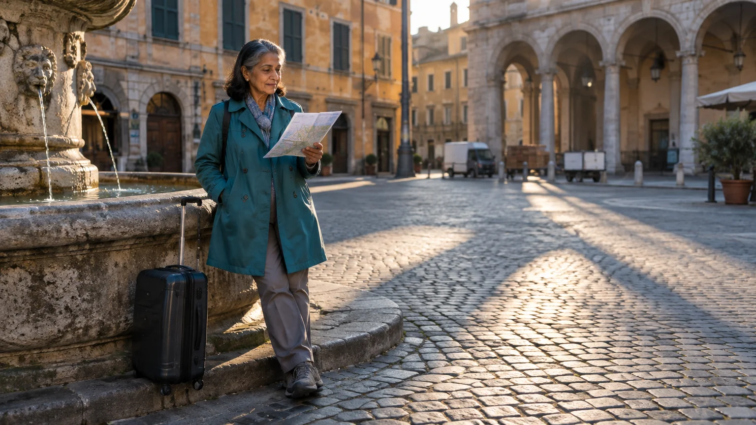 Mature woman with luggage reading a map while leaning against a stone fountain in a cobblestone European square.