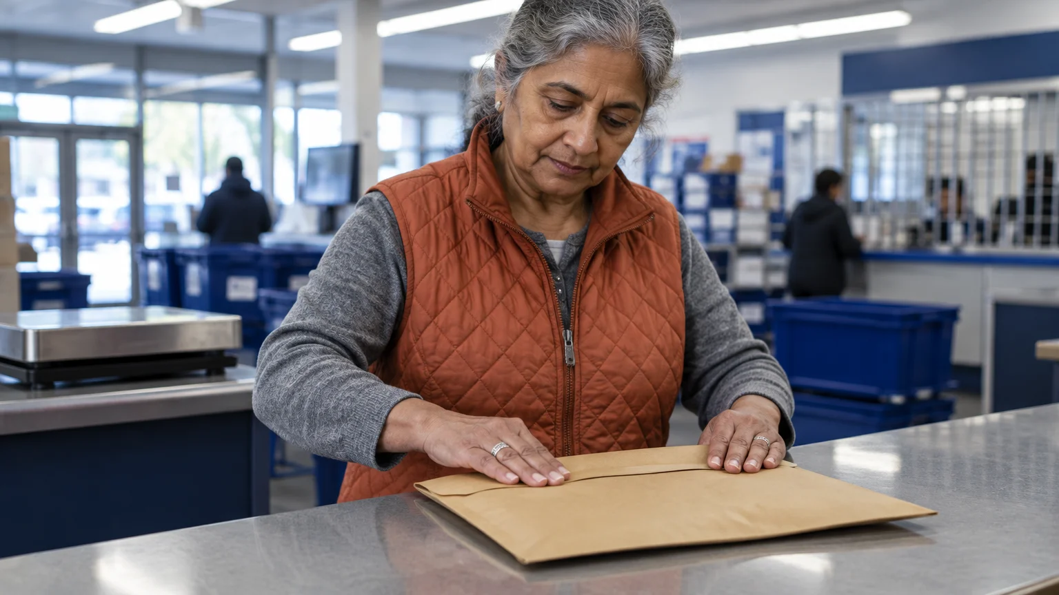 A woman in an orange vest seals a large manila envelope at a post office counter.