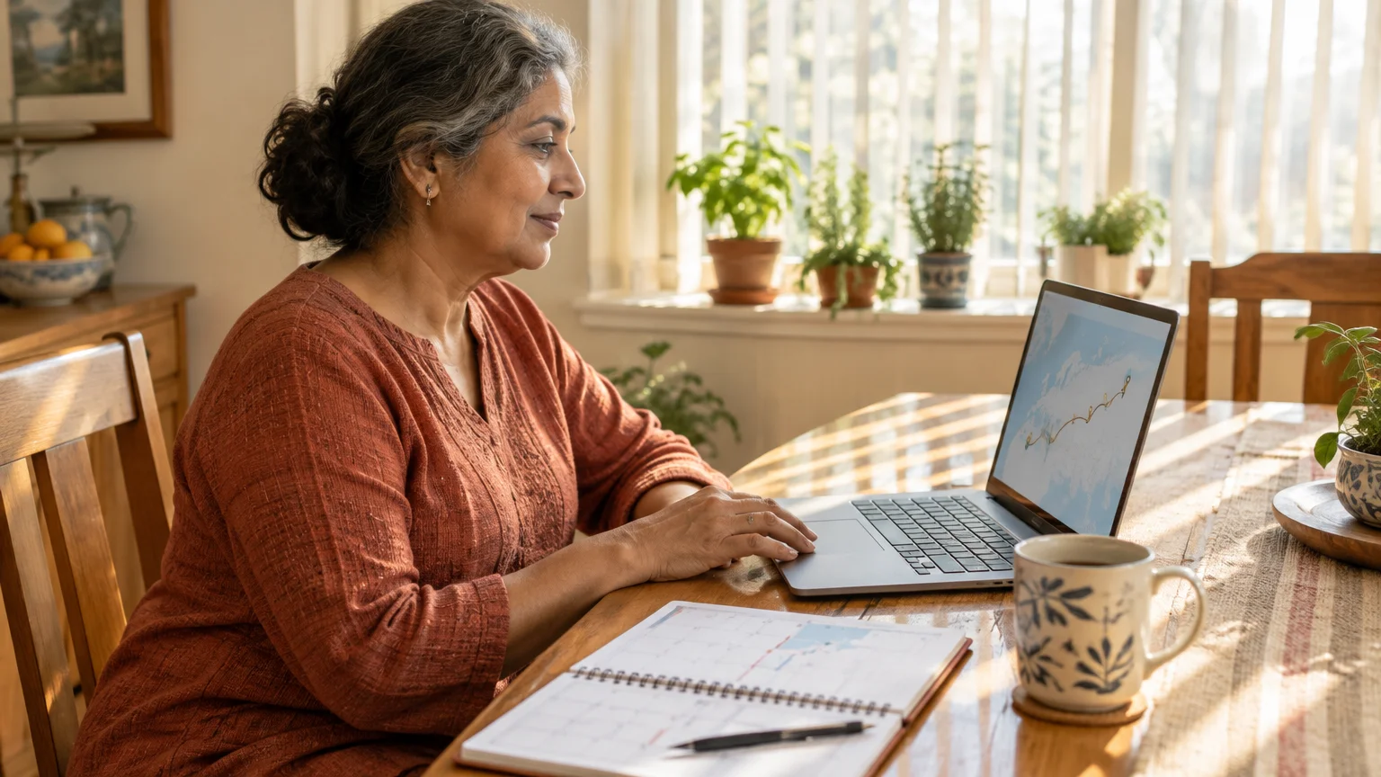 A woman sits at a wooden dining table using a laptop displaying a map, with an open planner and mug nearby.