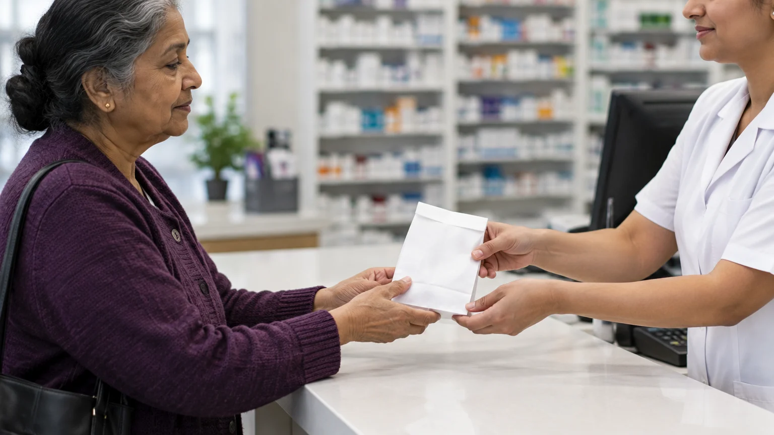 A pharmacist handing a white paper prescription bag across a counter to an older woman in a purple sweater.
