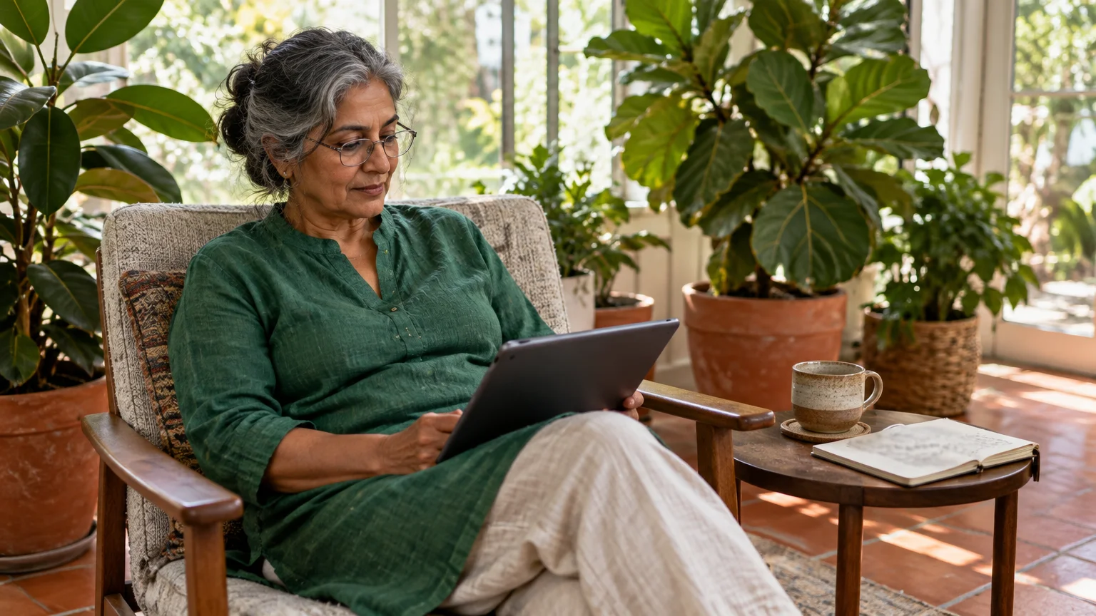 A mature woman with glasses sits in an armchair using a tablet in a sunroom filled with potted plants.