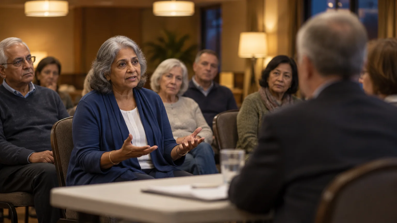 A senior woman speaking with open hands to an official seated across a table during a community meeting.