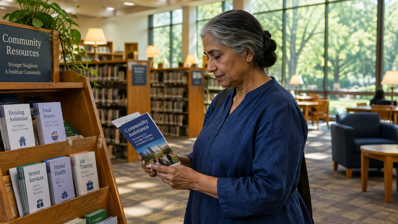 Woman reading a community assistance brochure in front of a resource rack inside a sunlit library.