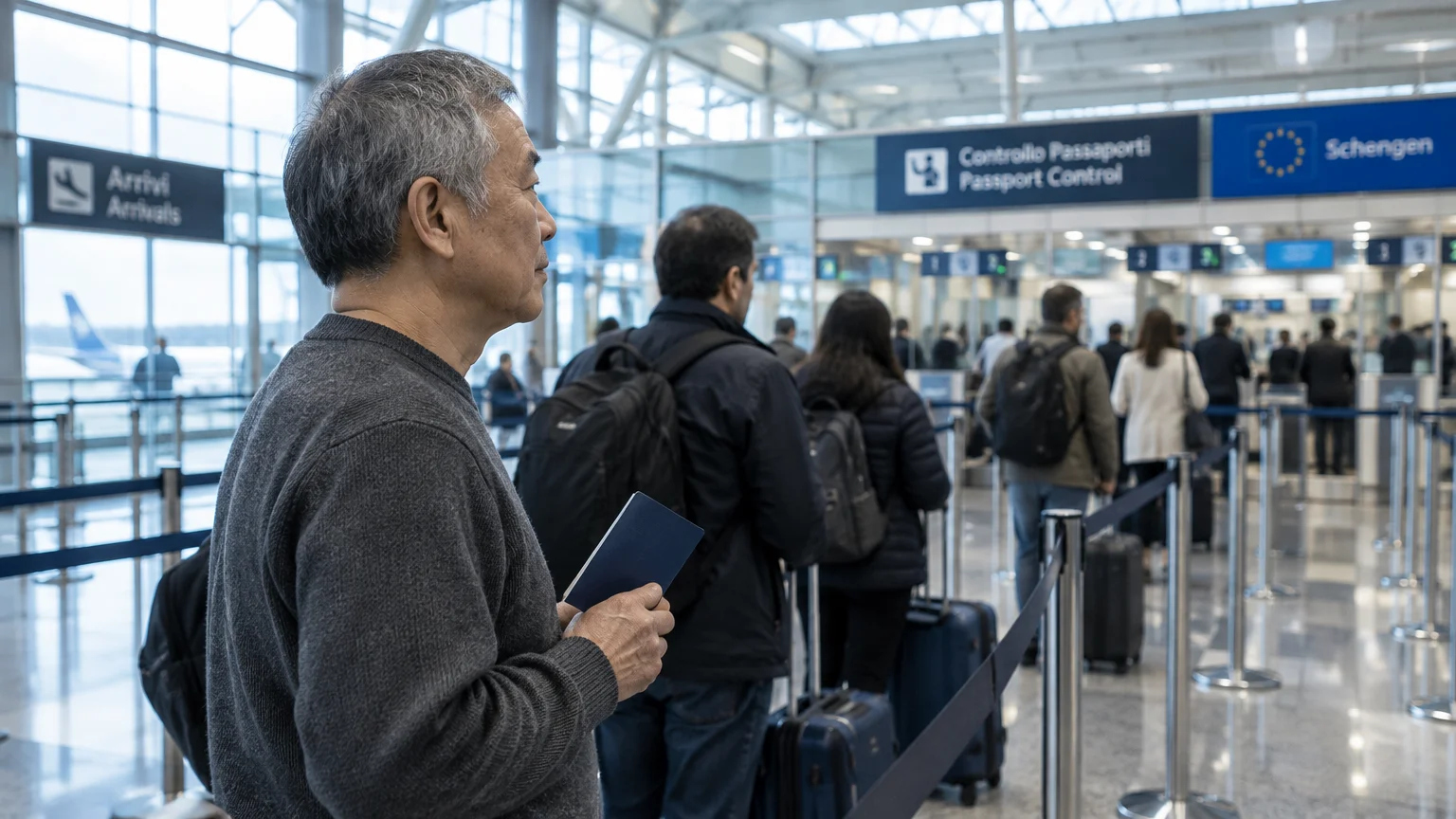 An older man holding a blue passport waits in line at an airport Schengen passport control area.