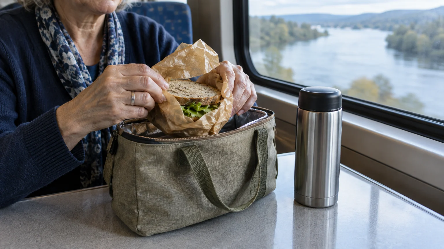 A woman on a train unpacks a sandwich from a lunch bag beside a thermos on a table by the window.