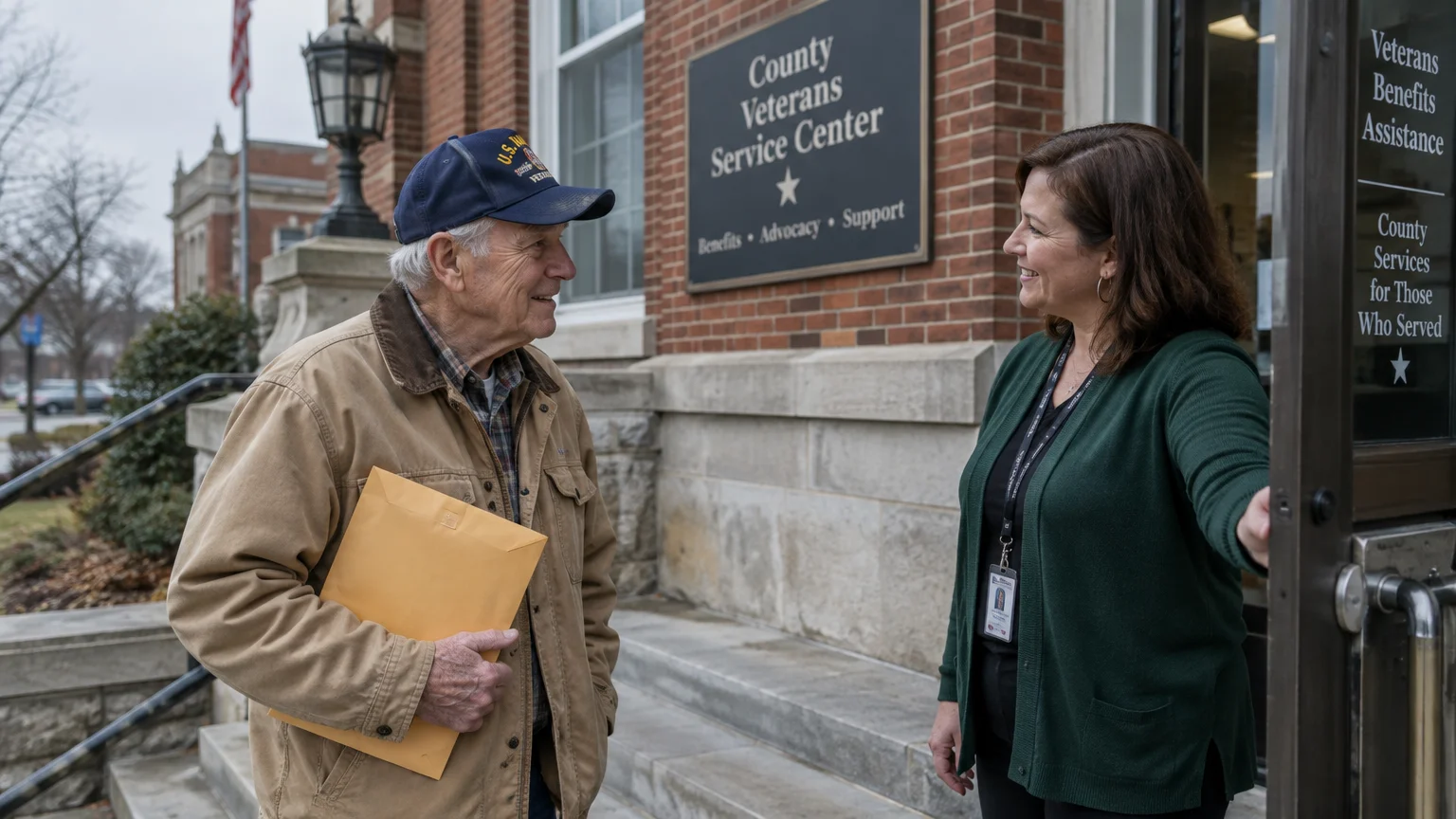 An older veteran holding a document envelope speaks with a woman at the doorway of a County Veterans Service Center.