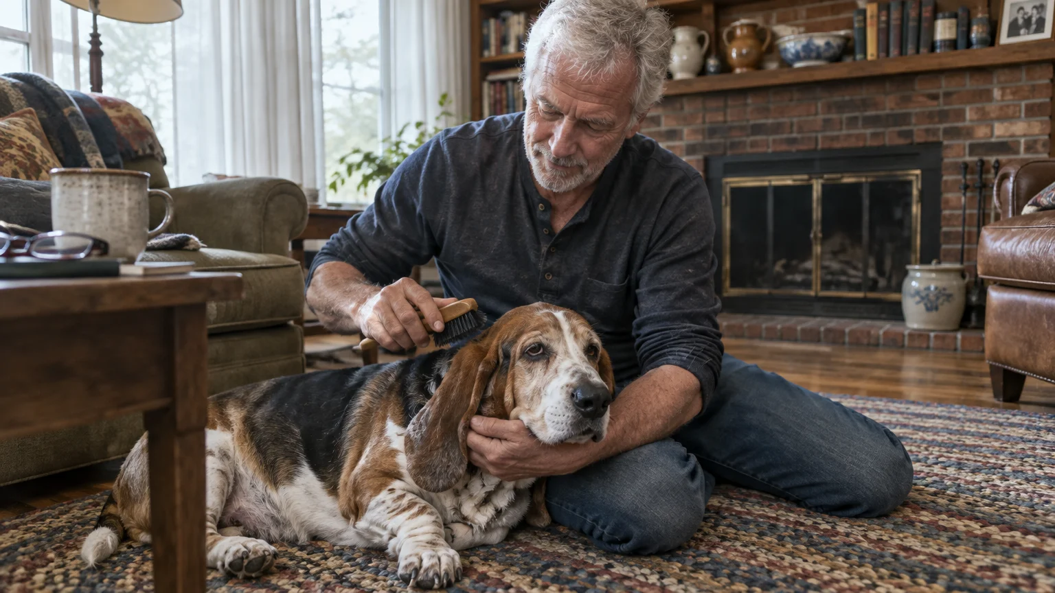 A mature man with gray hair sits on a living room rug, gently brushing a basset hound lying beside him.