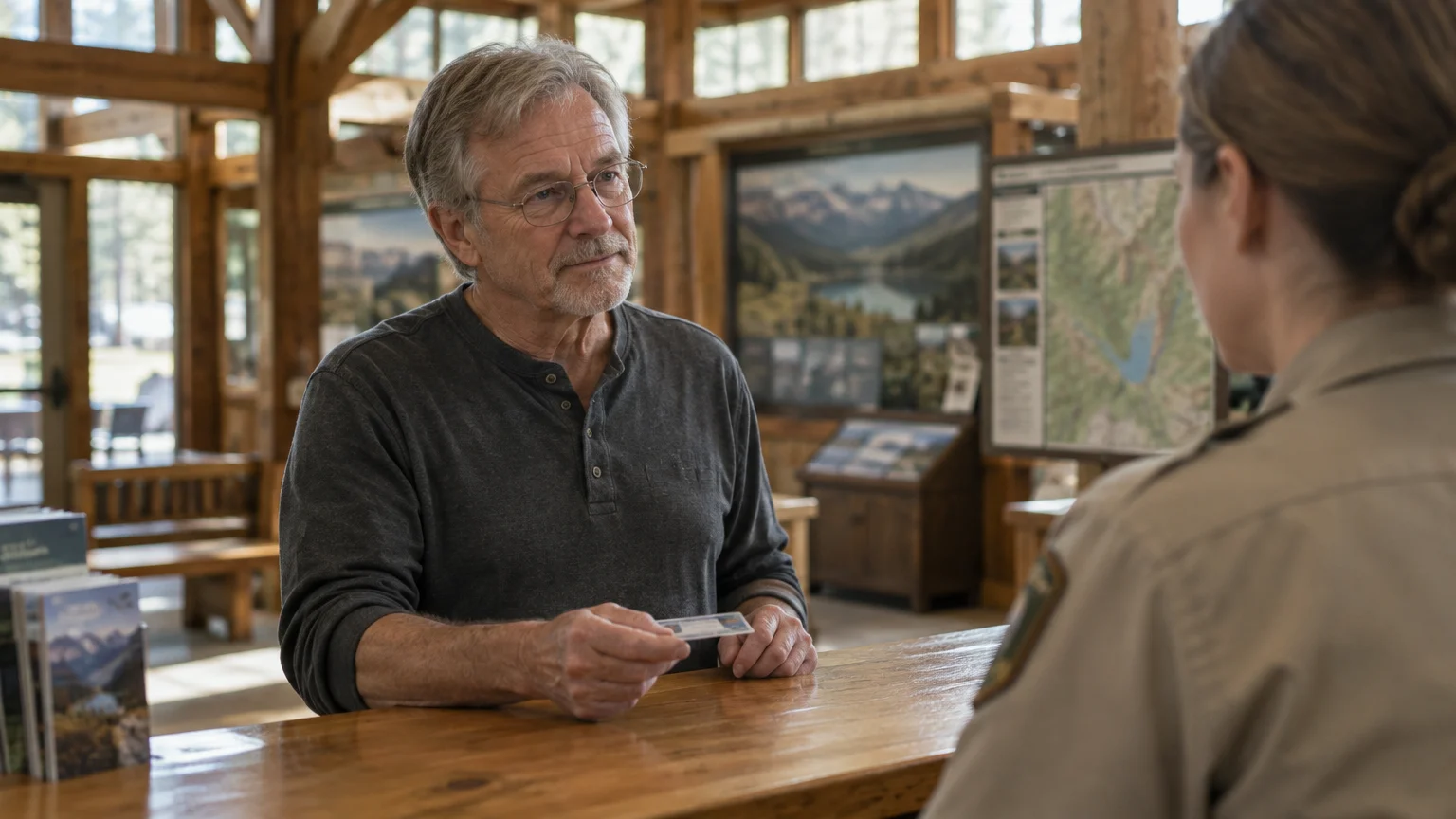 A senior man at a wooden counter hands an ID card to a park ranger inside a visitor center.