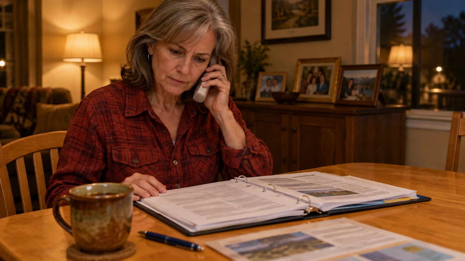 A woman speaks on a cordless phone while reviewing papers inside a large binder at a wooden dining table.