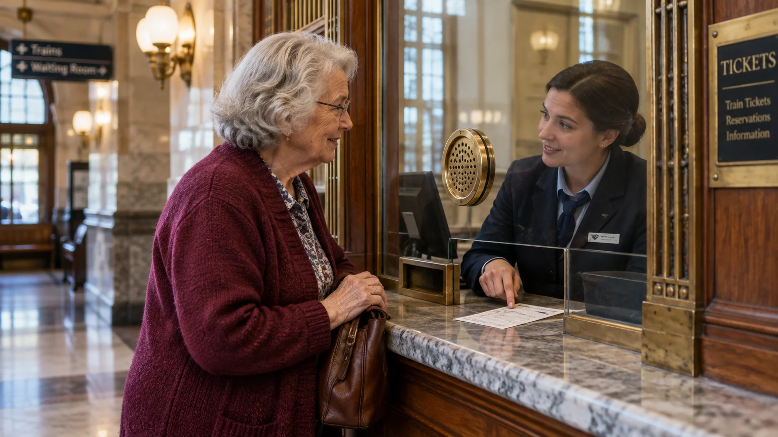 An older woman in a burgundy cardigan stands at a classic wooden ticket window speaking with an Amtrak station agent.