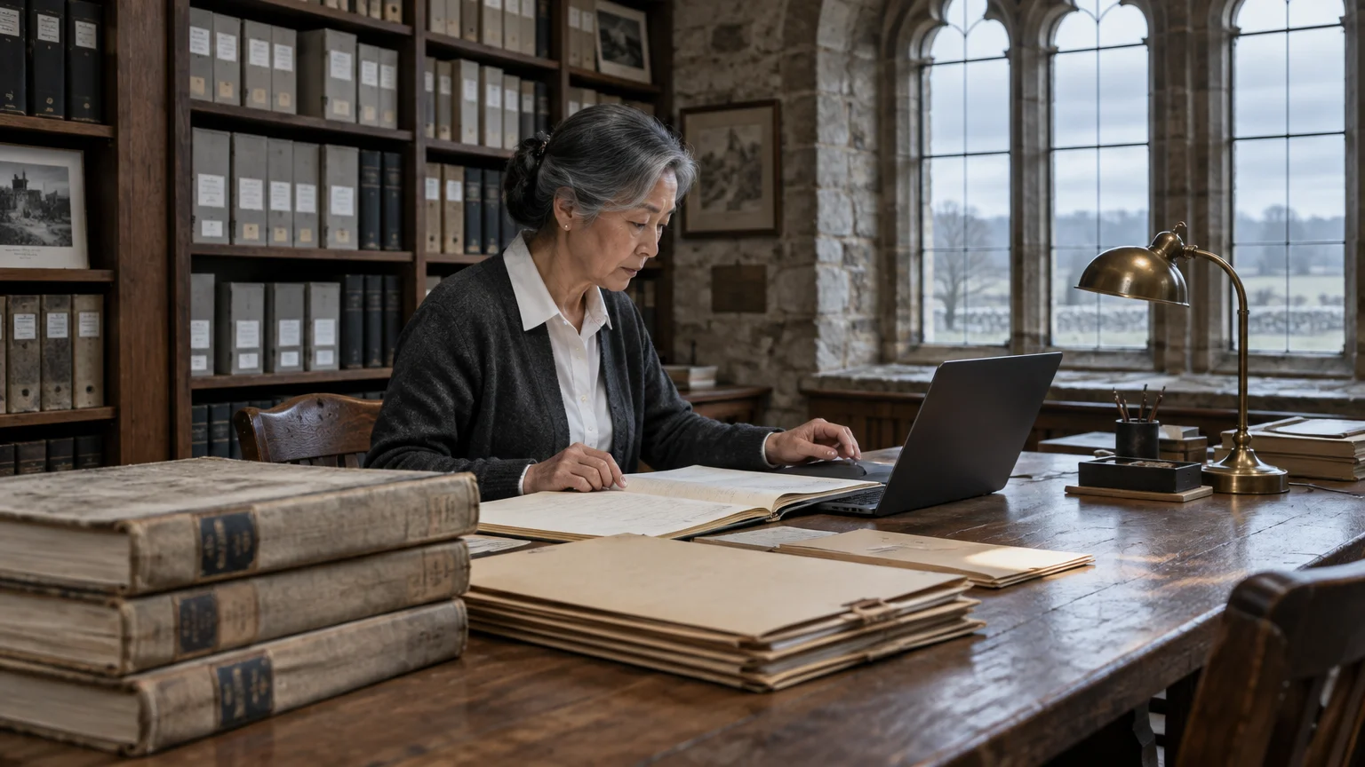 A woman with gray hair works at a laptop beside open ledgers and document stacks in a stone library.