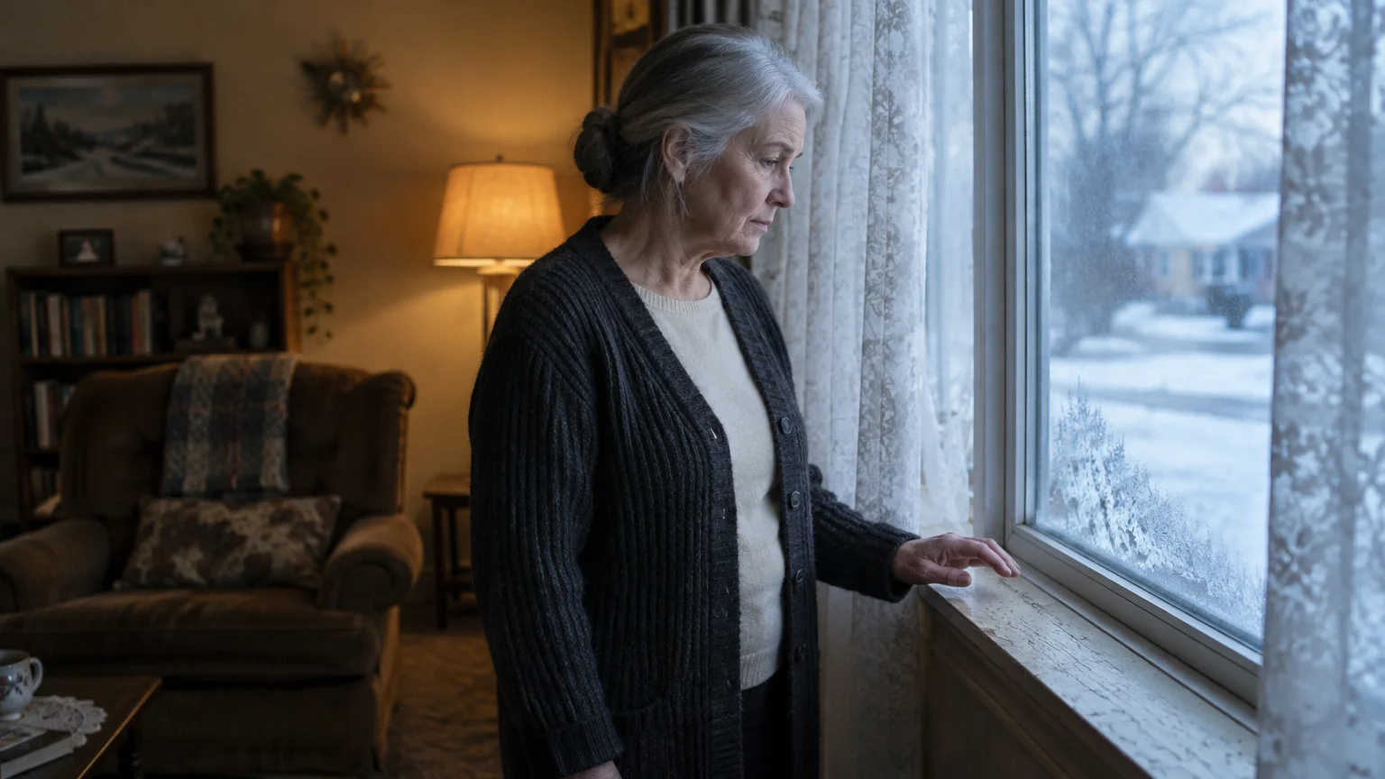 Senior woman in a cardigan looking out a frost-covered window at a snowy street outside.
