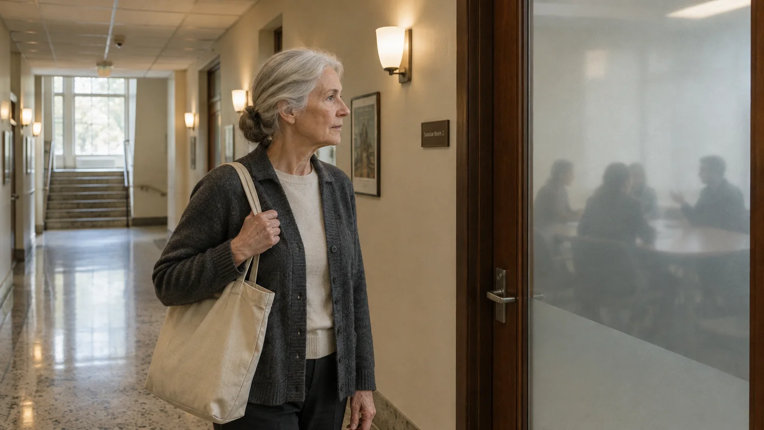 Senior woman holding a tote bag stands in a university hallway looking through a frosted glass seminar room door.