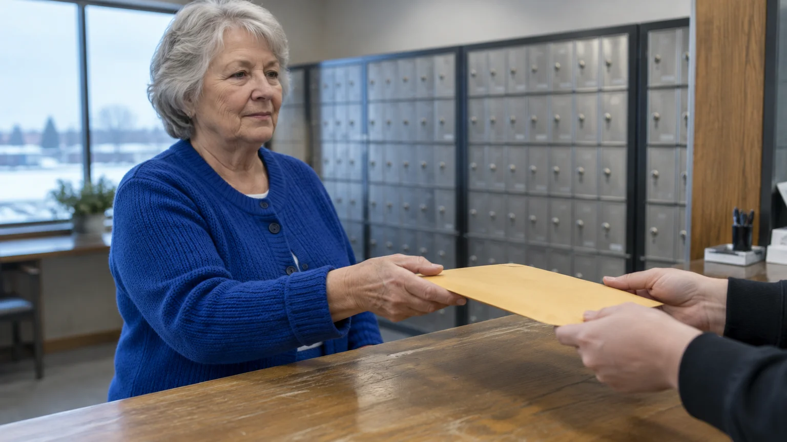 A senior woman in a blue sweater exchanges a manila envelope across a counter with rows of mailboxes behind her.