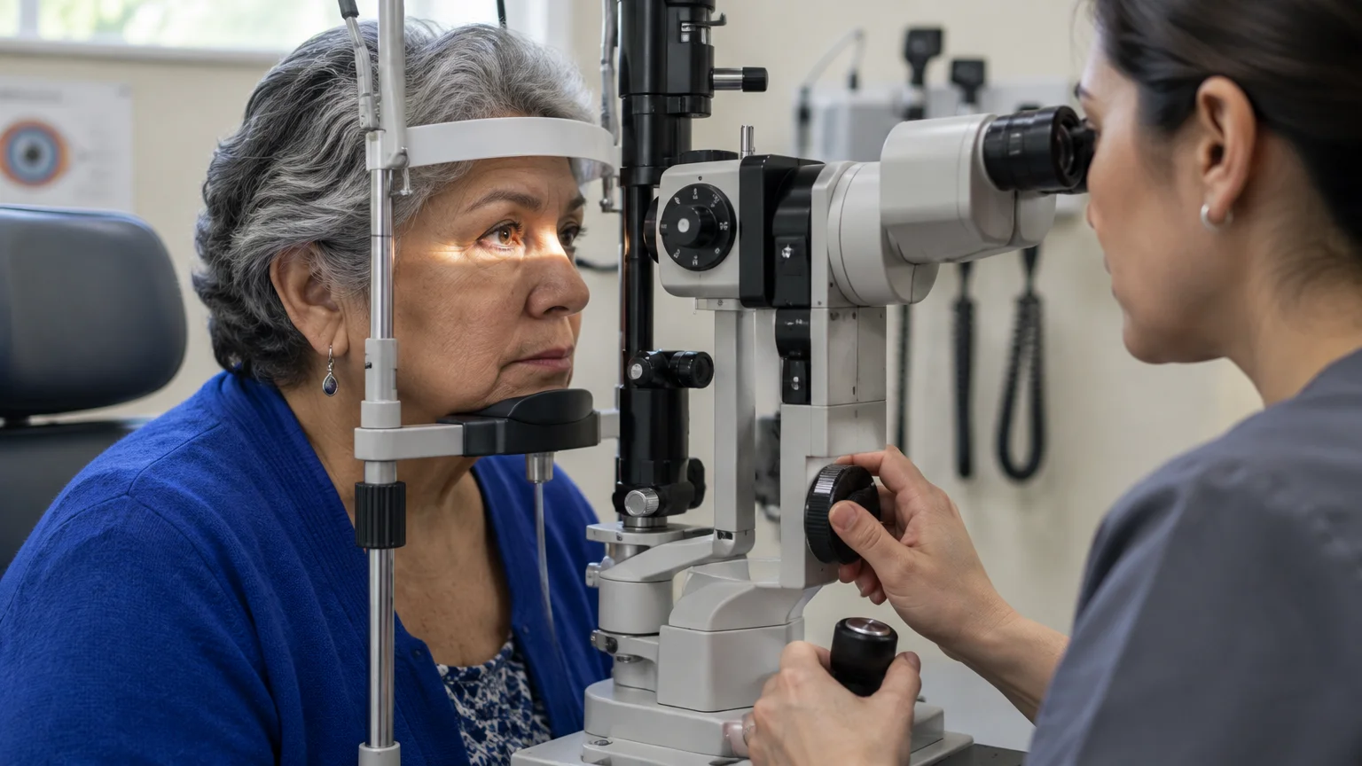 An eye doctor examines an older woman's eyes using a slit lamp microscope in an examination room.