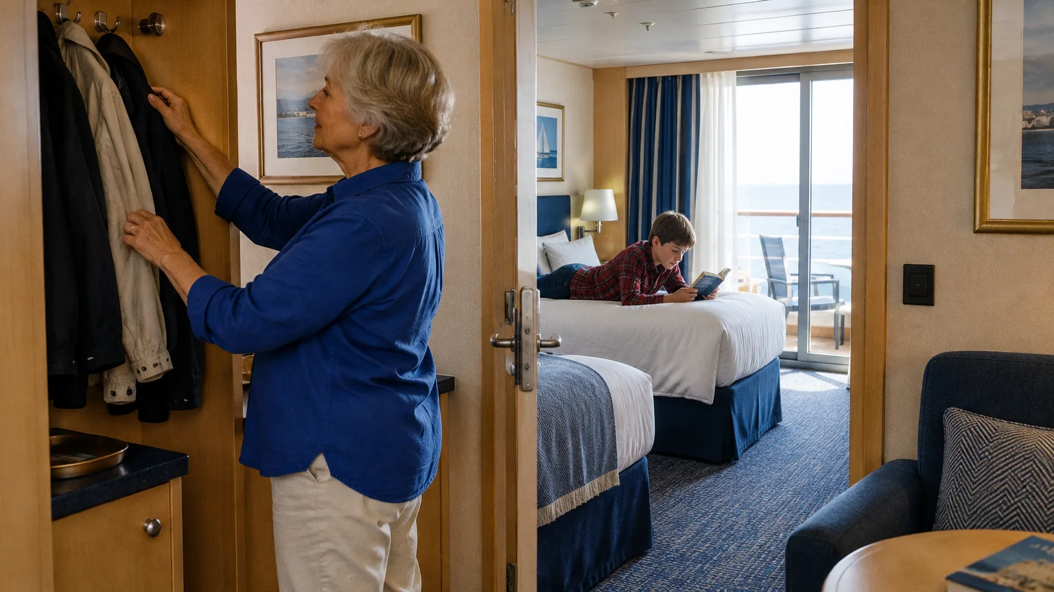Woman hanging coats in a cruise stateroom with an adjoining doorway showing a boy reading on a bed by a balcony.