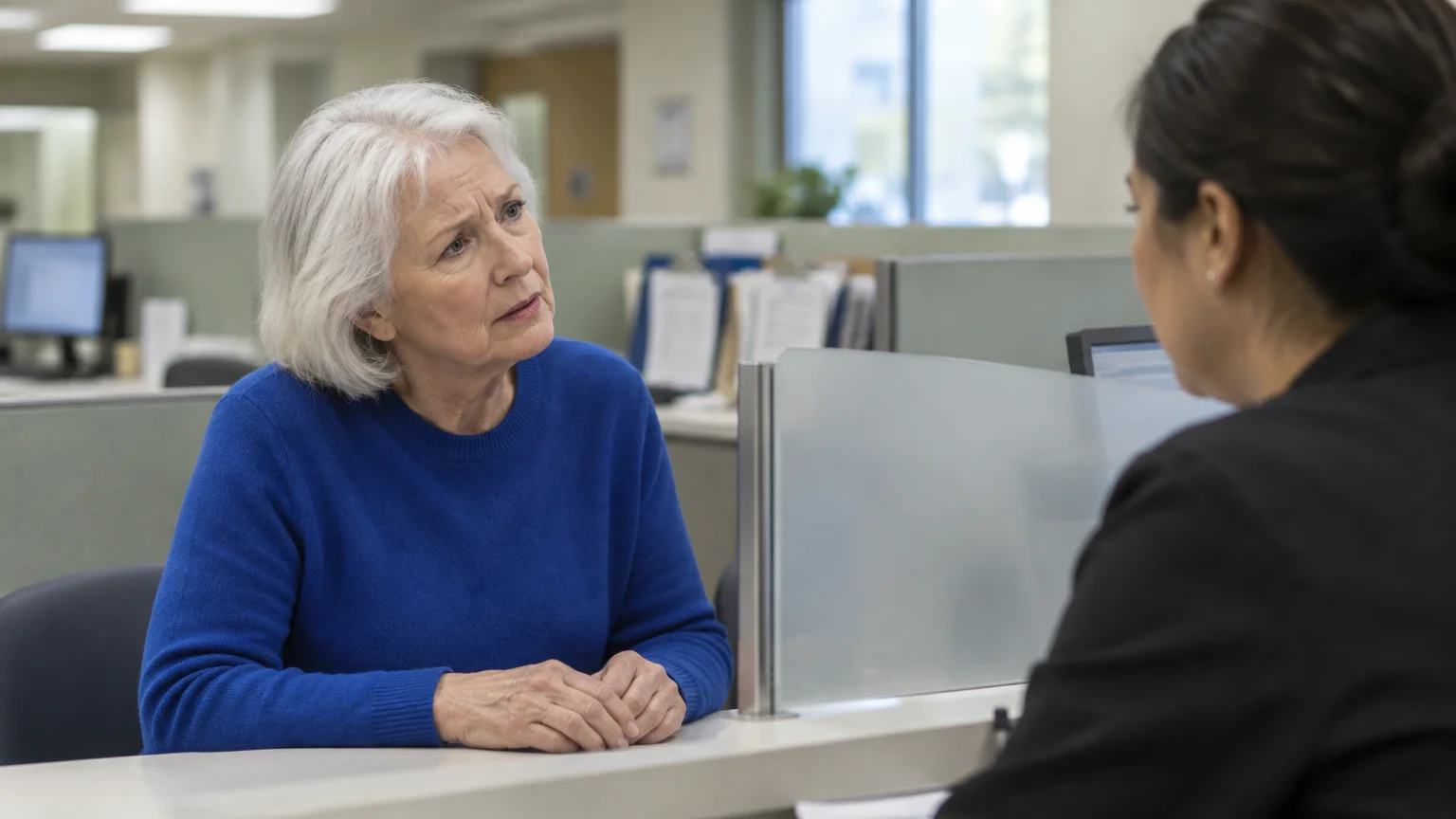 A senior woman with grey hair in a blue sweater speaks with a desk clerk across an office counter.