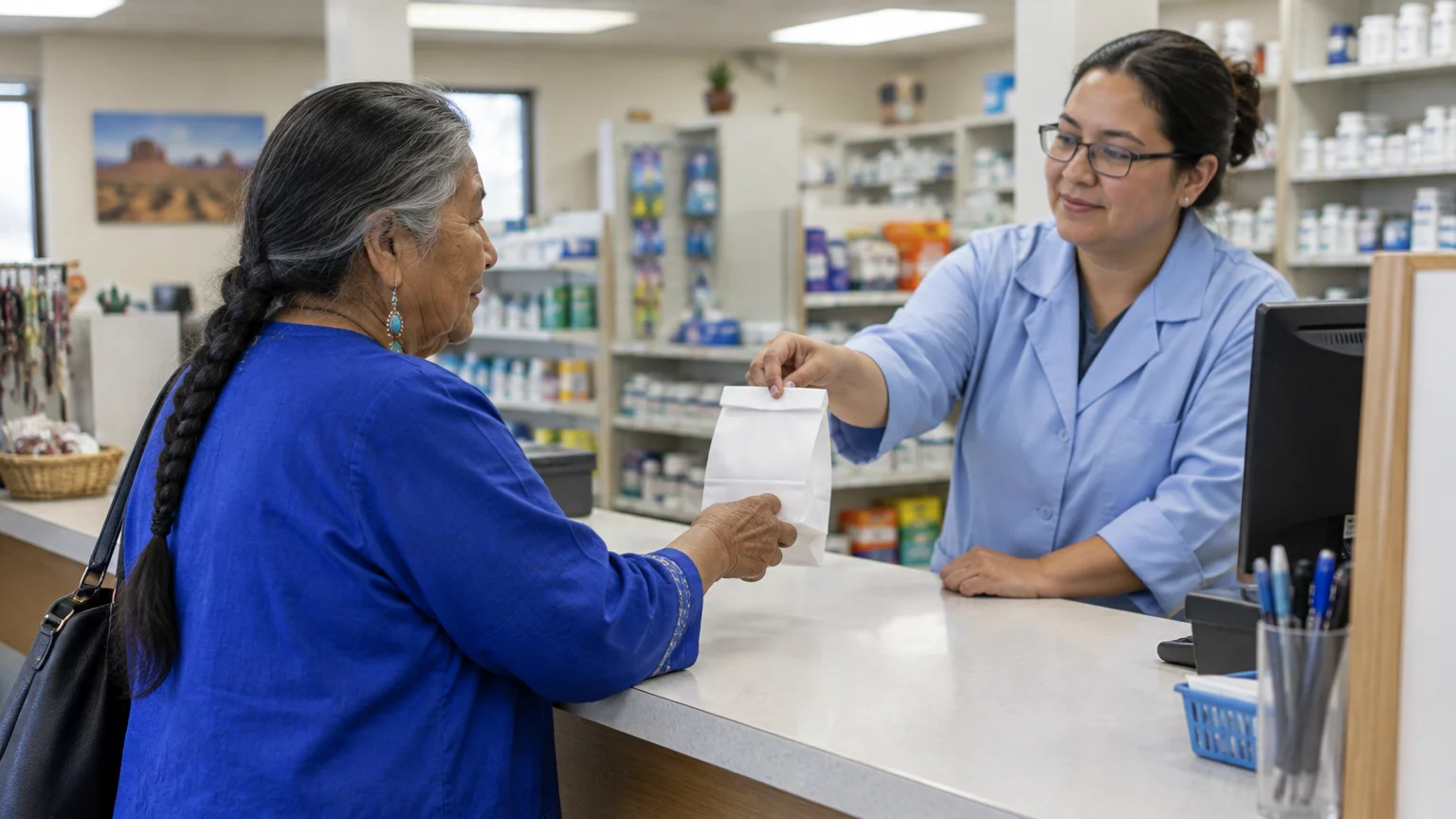 A pharmacist in a blue coat hands a small paper medicine bag across a pharmacy counter to an older woman.