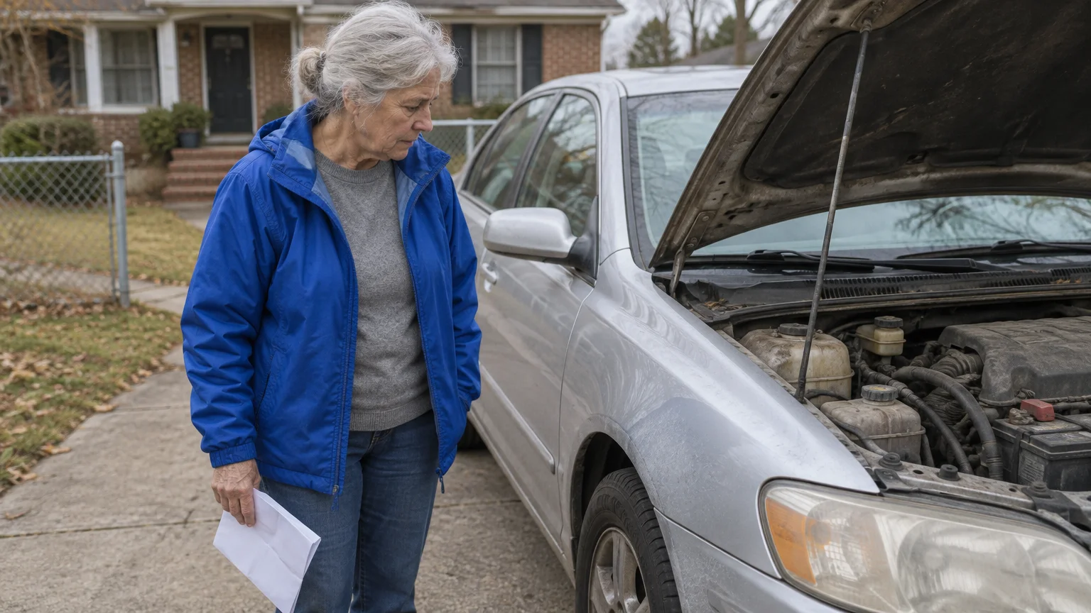 A woman with gray hair stands in a driveway holding papers and looking into the open hood of a silver sedan.