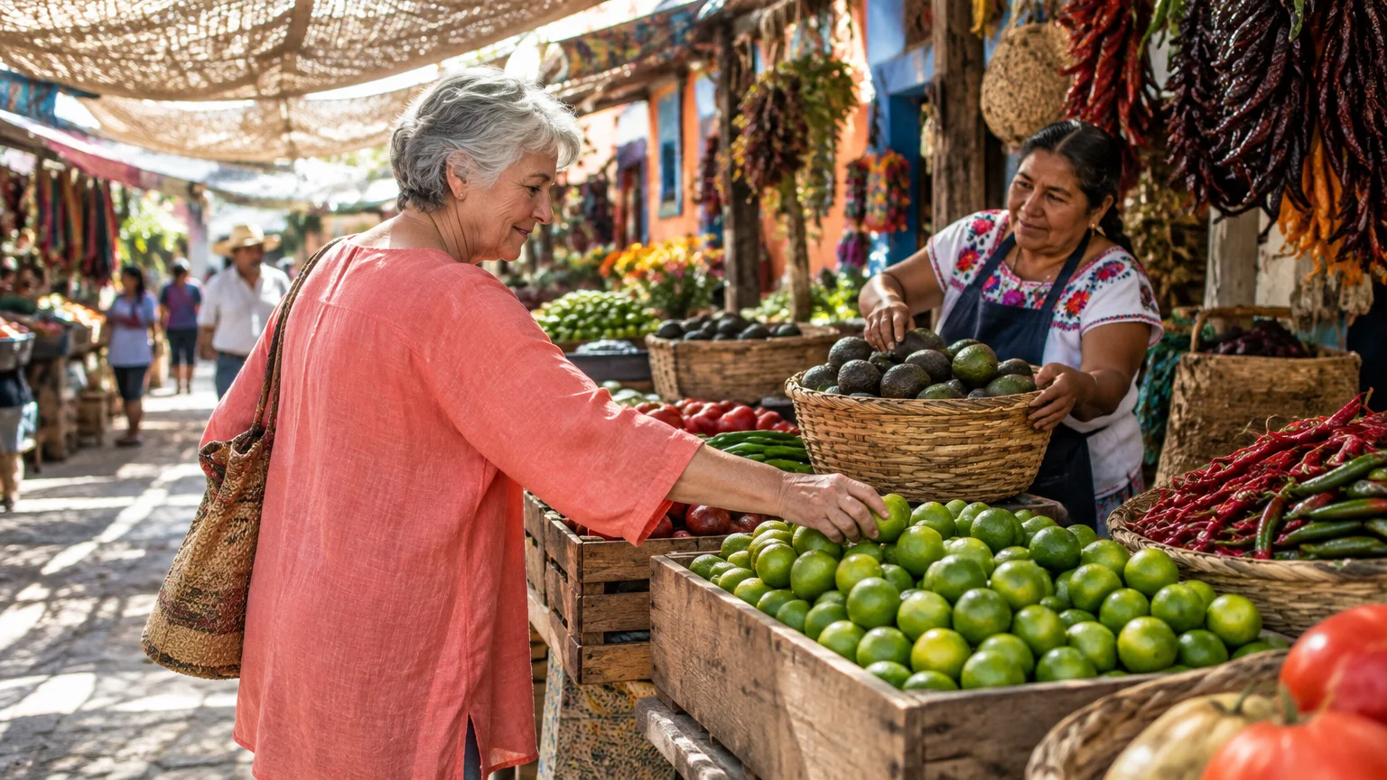 A senior woman selects limes from a wooden crate at an outdoor Mexican market stall with fresh produce and hanging peppers.
