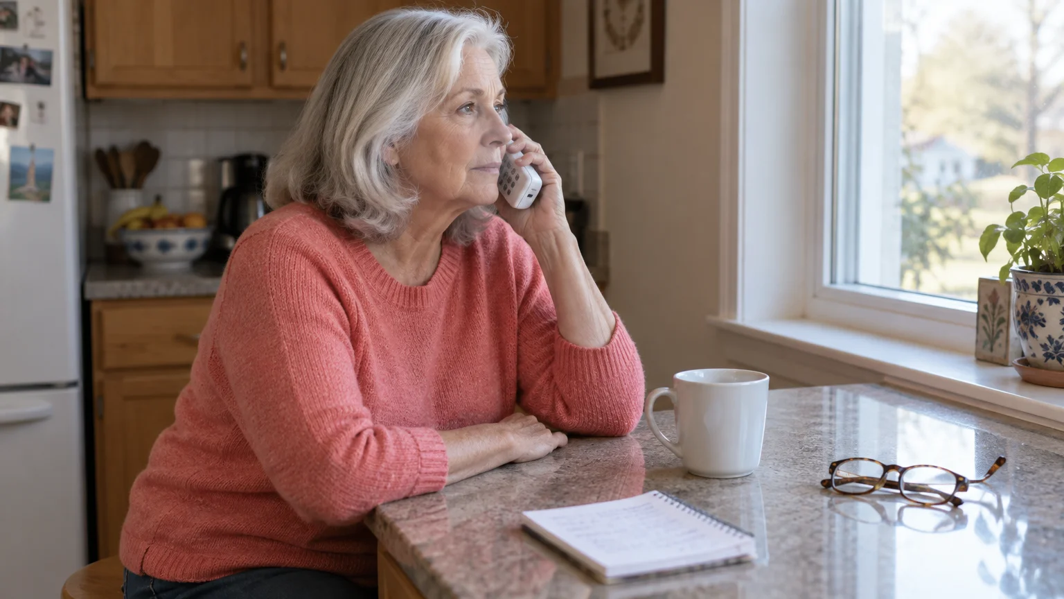 Senior woman in a pink sweater sits at a kitchen counter, talking on the phone beside a notepad and coffee mug.
