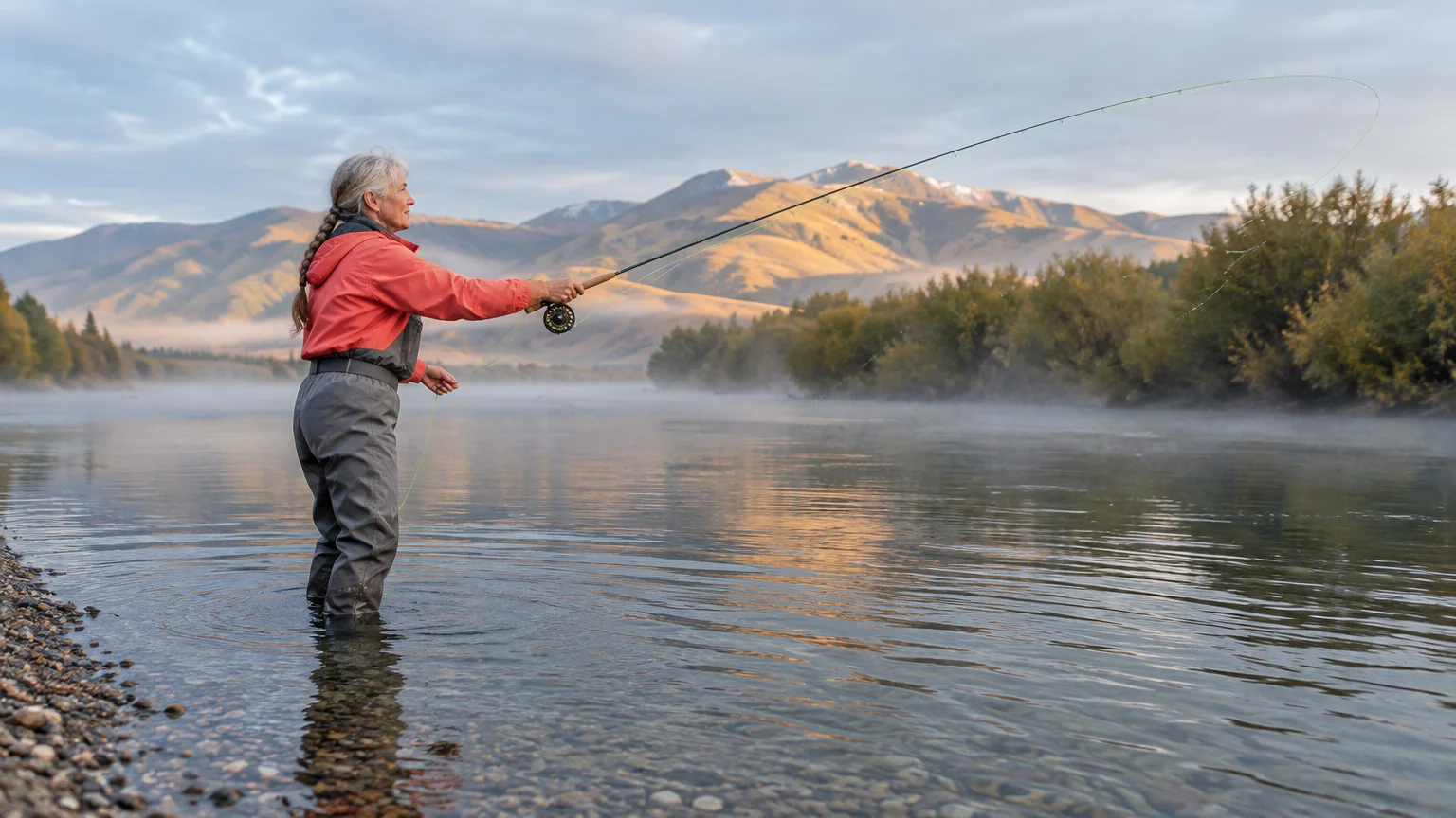 A woman in waders casts a fly rod while standing in a calm, misty river before sunlit mountains.