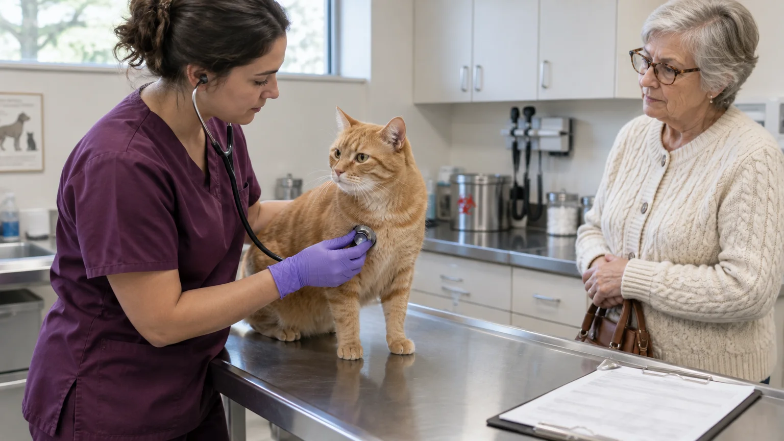 A veterinary technician examines an orange tabby cat with a stethoscope while an older woman watches in an exam room.