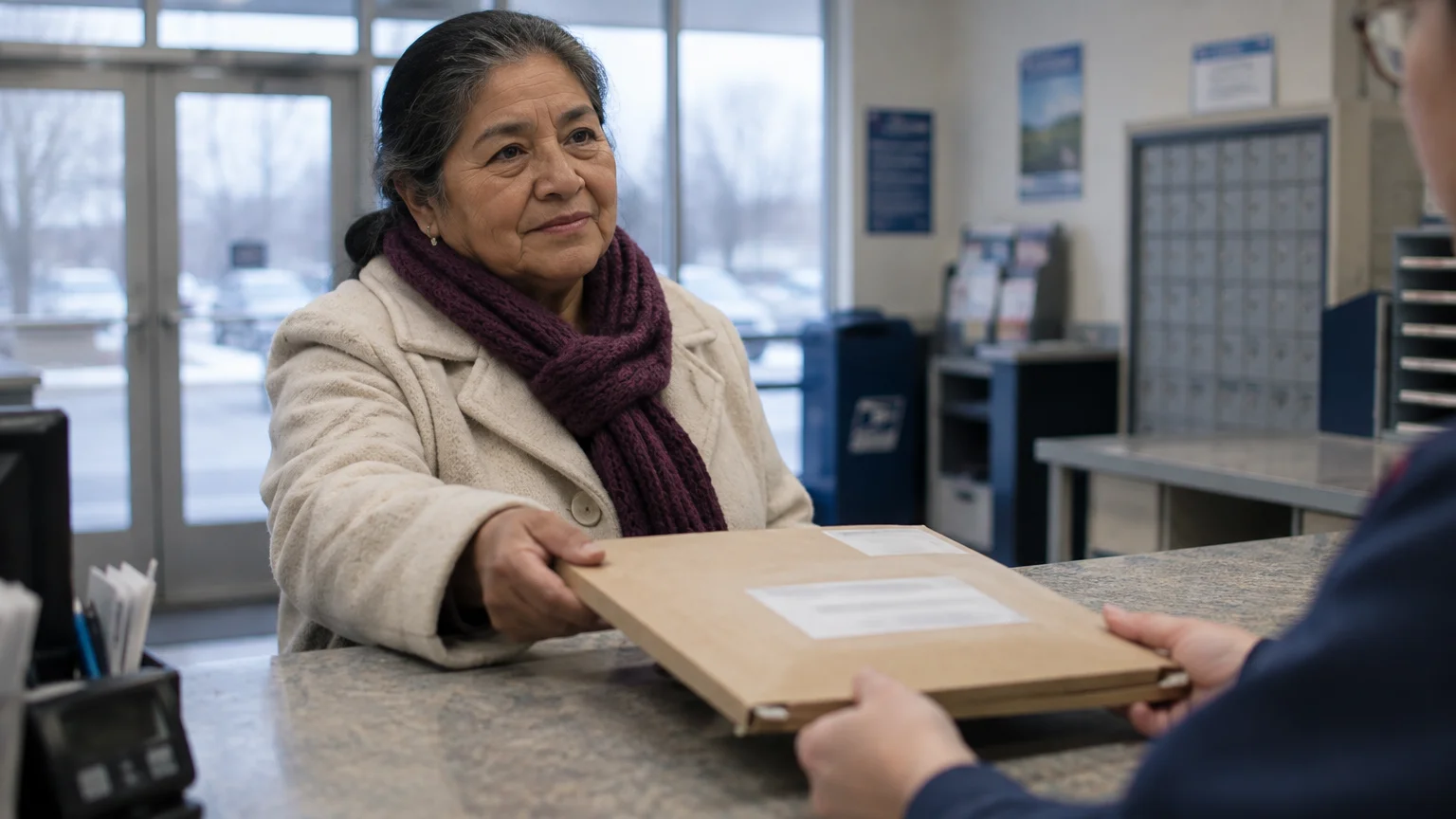 A woman in a cream coat hands a flat cardboard package across a post office service counter.