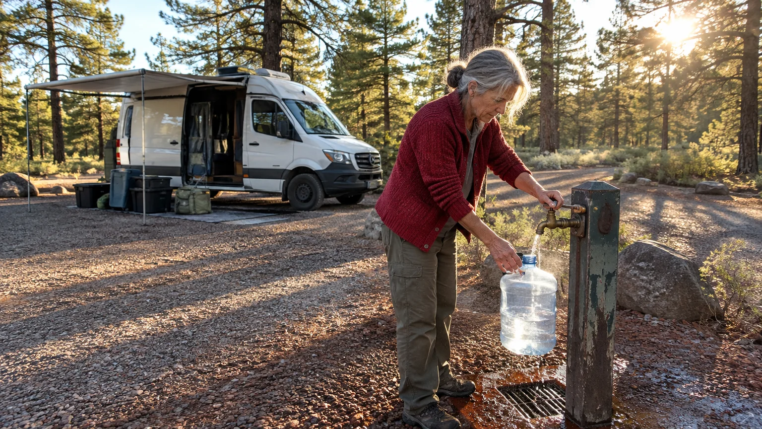 A woman fills a large water jug at an outdoor spigot at a campground near a white camper van parked under pine trees.