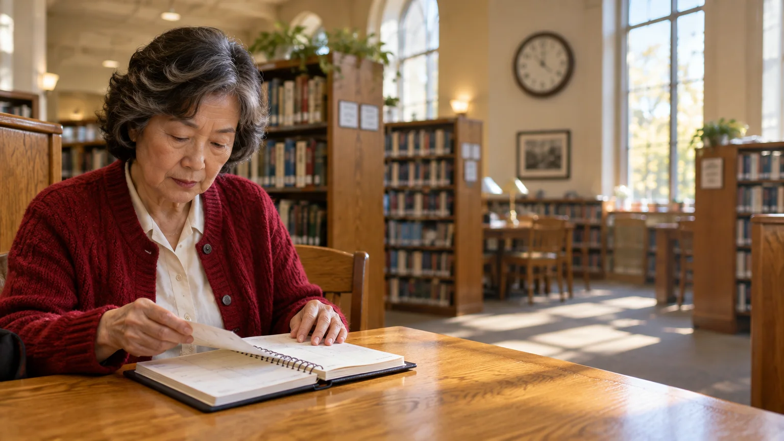 An older woman in a red cardigan reviews a desk planner at a wooden table in a sunlit library.