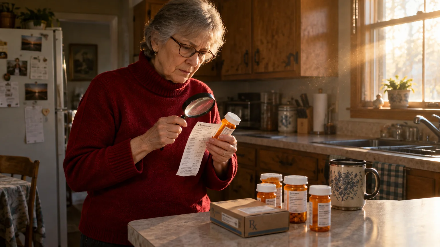 Senior woman in a kitchen examining a receipt with a magnifying glass beside medication bottles on a counter.