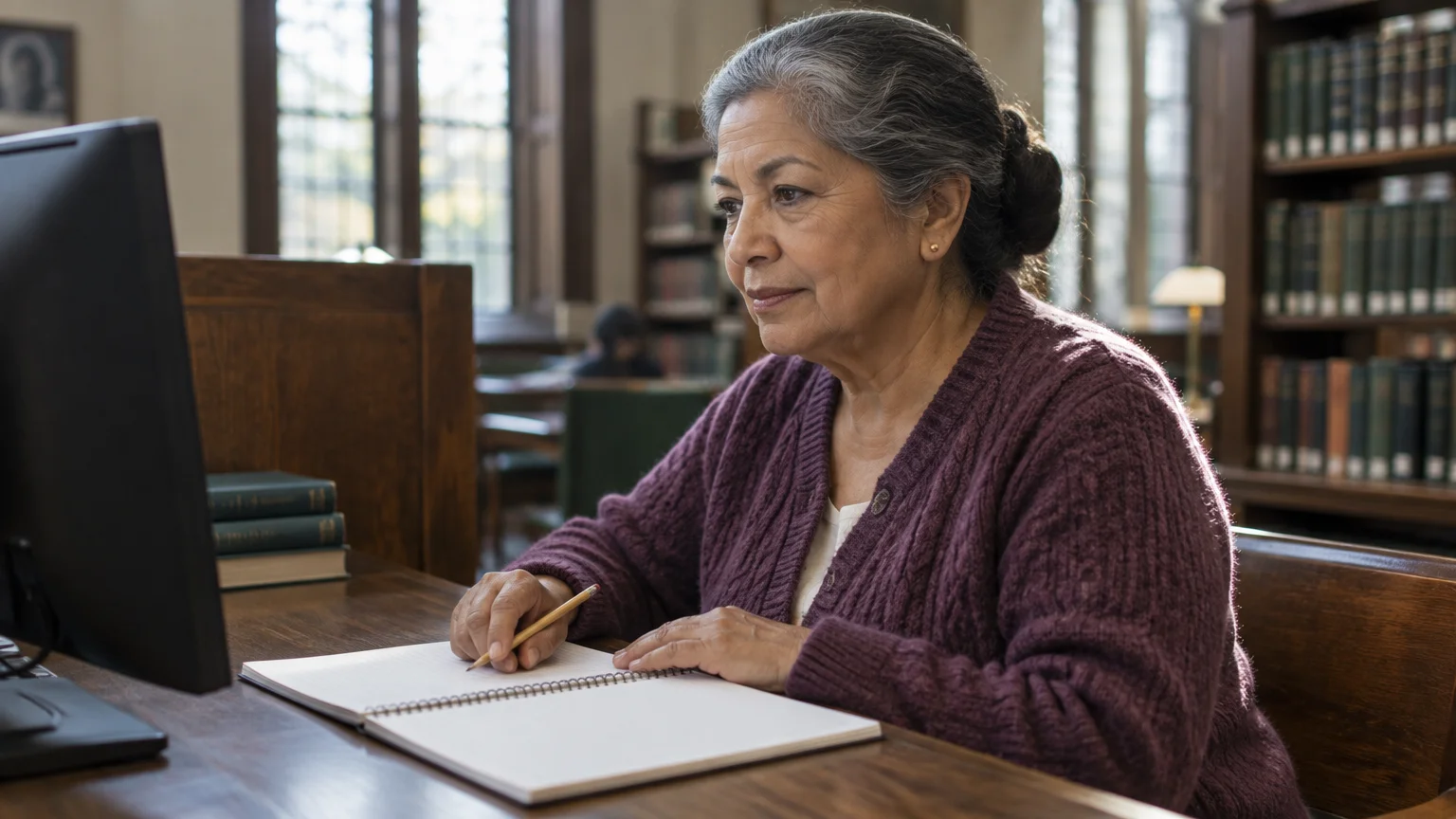 A mature woman sits at a wooden library desk looking at a computer monitor with a pencil and open notebook.