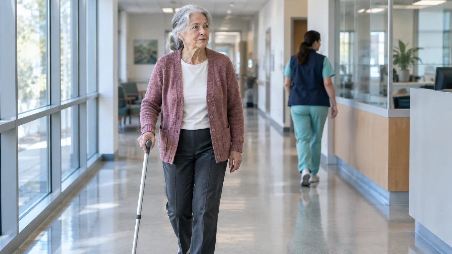 An older woman with grey hair walks with a cane down a bright hospital corridor past a medical worker.