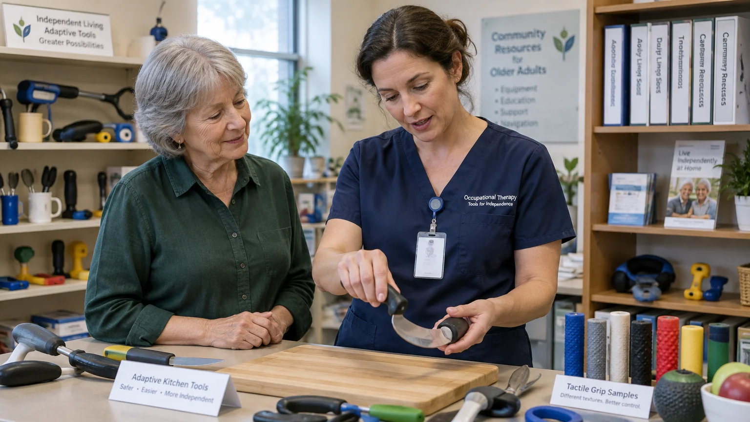 An occupational therapist demonstrates an adaptive curved knife to an older woman across a counter filled with grip tools.