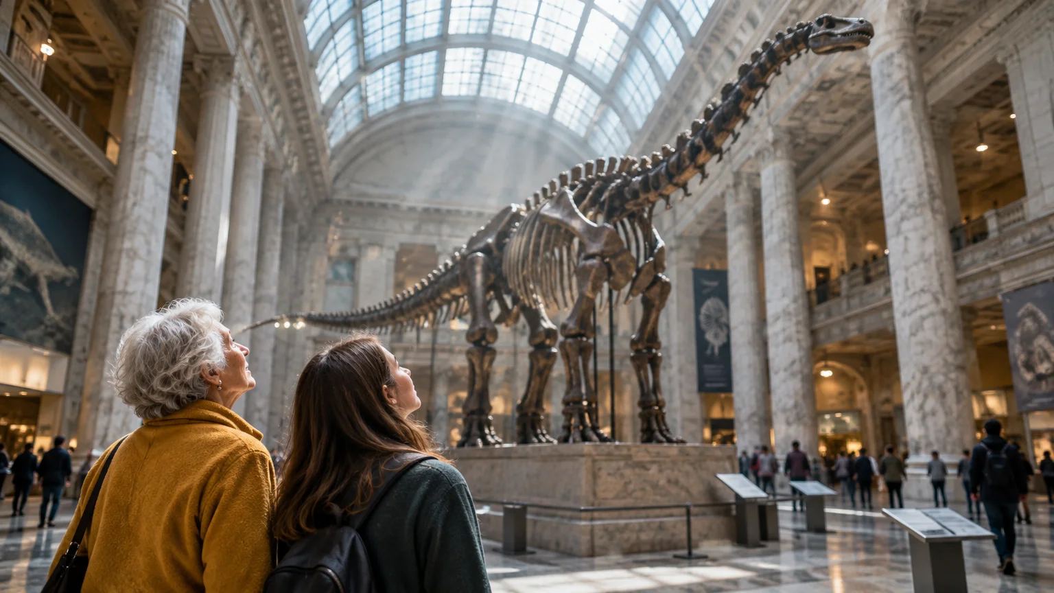 A grandmother and granddaughter looking up at a massive dinosaur skeleton in a sunlit, grand museum hall.