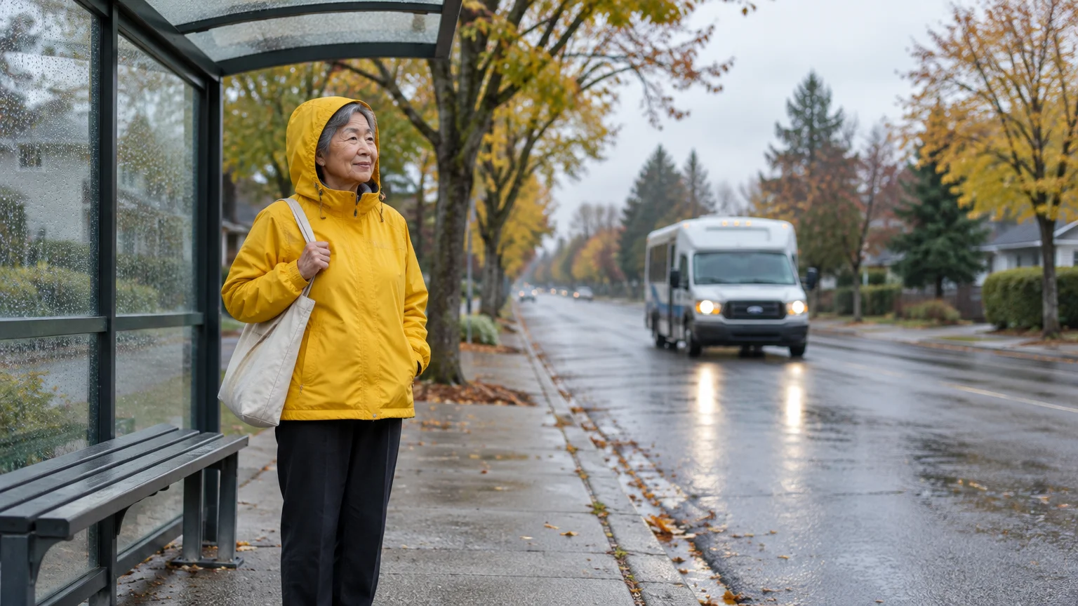 Senior woman in a yellow raincoat waits at a bus shelter on a wet street as a small white transit bus approaches.