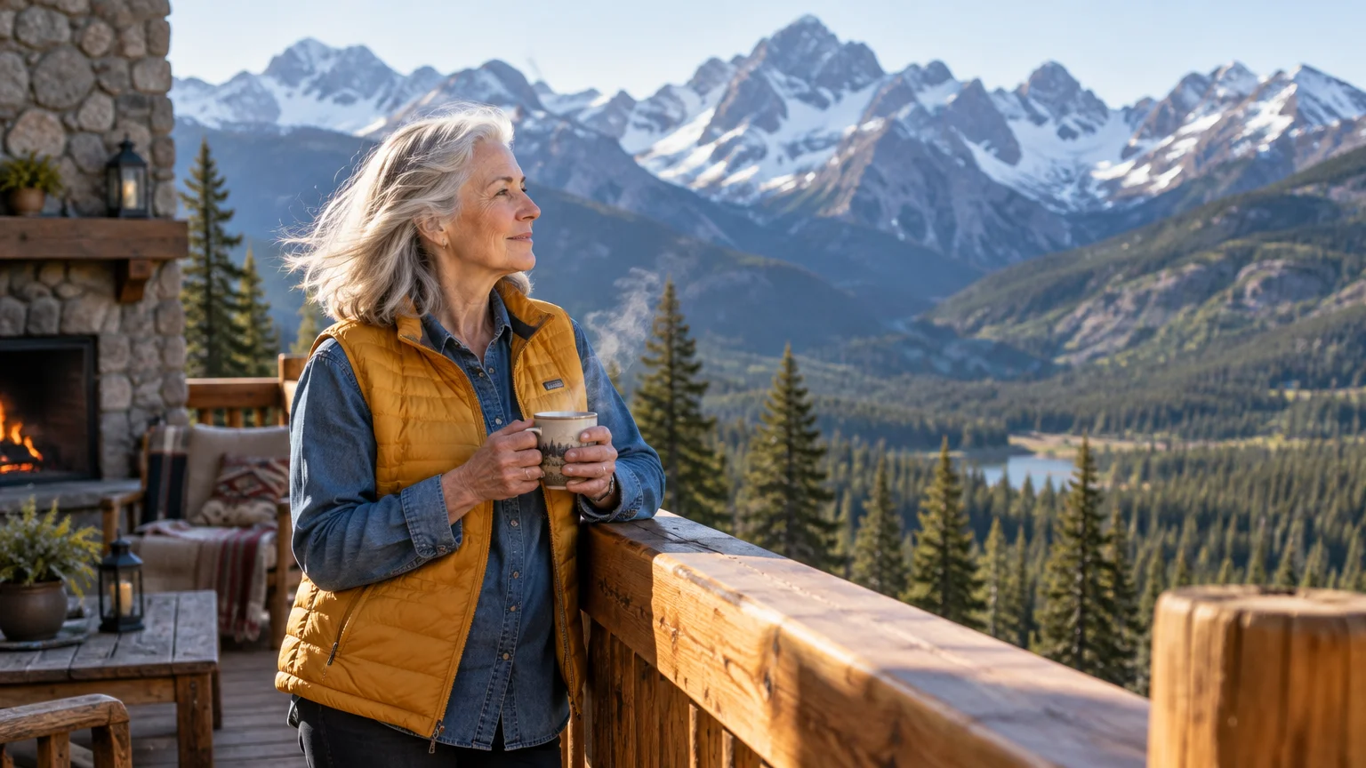 Mature woman in a yellow vest holding a warm mug on a rustic wooden deck overlooking pine forests and snow-dusted mountains.