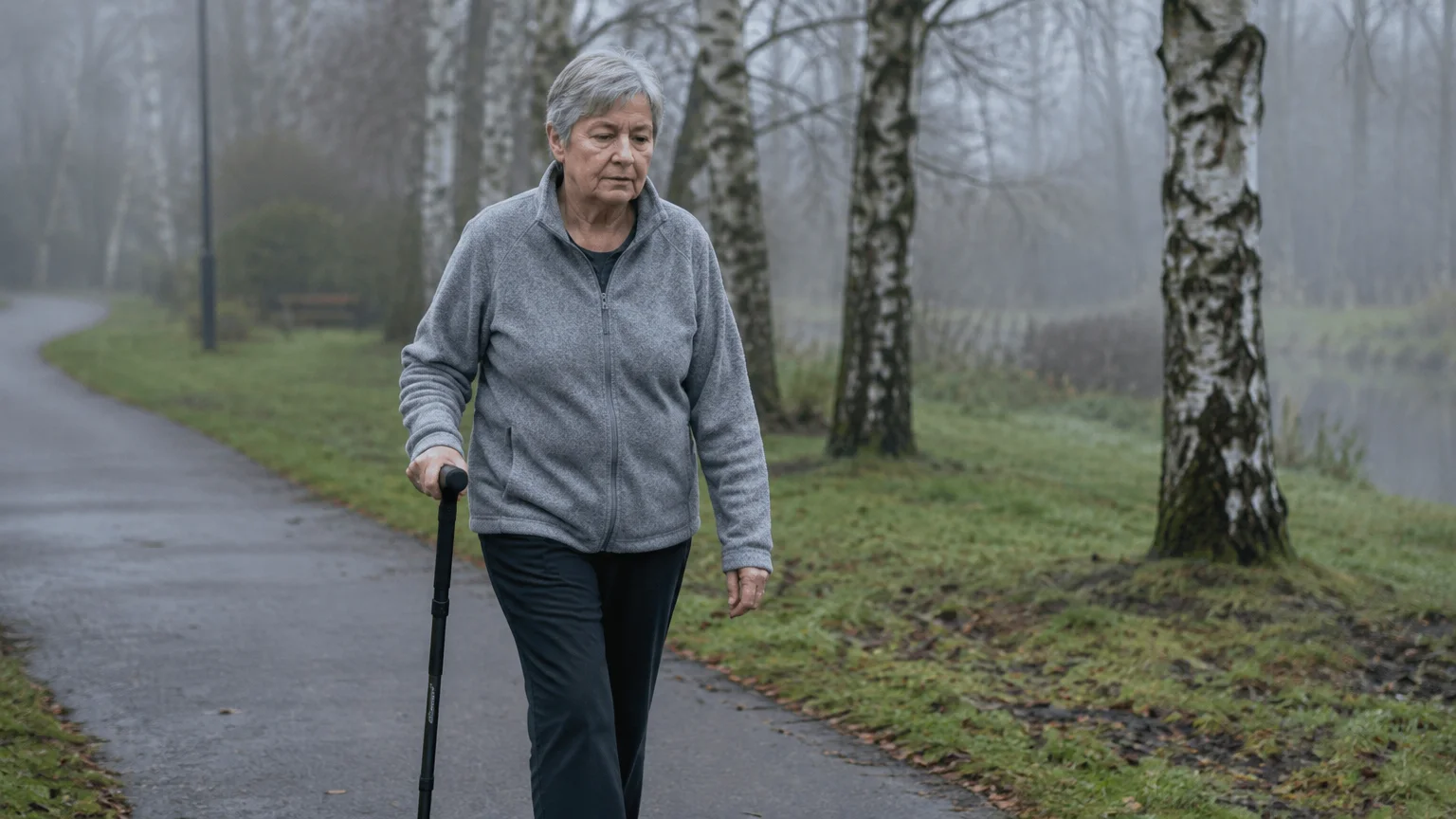 An older woman with short gray hair walking with a black cane along a paved park path lined with birch trees on a foggy day.