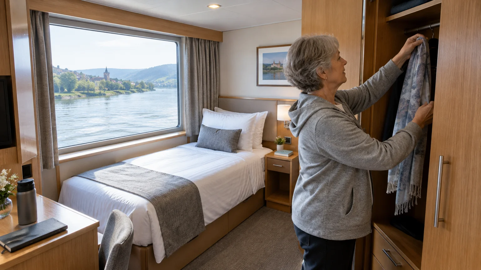 A senior woman unloads her closet inside a compact cruise cabin with a twin bed and scenic river window view.