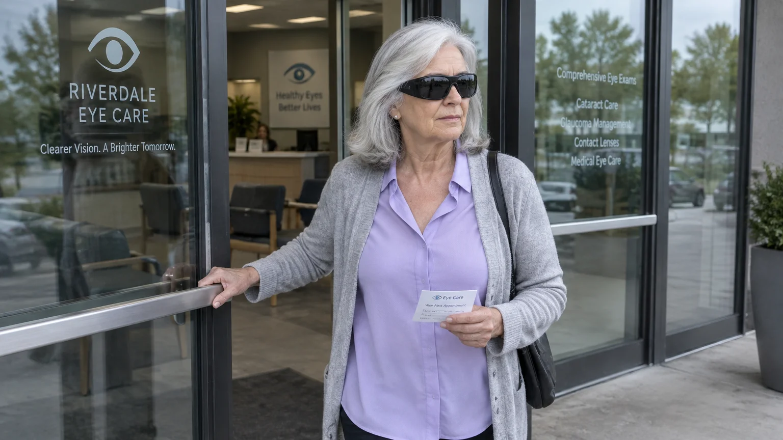 Senior woman wearing dark sunglasses leaves an eye care clinic holding an appointment card.