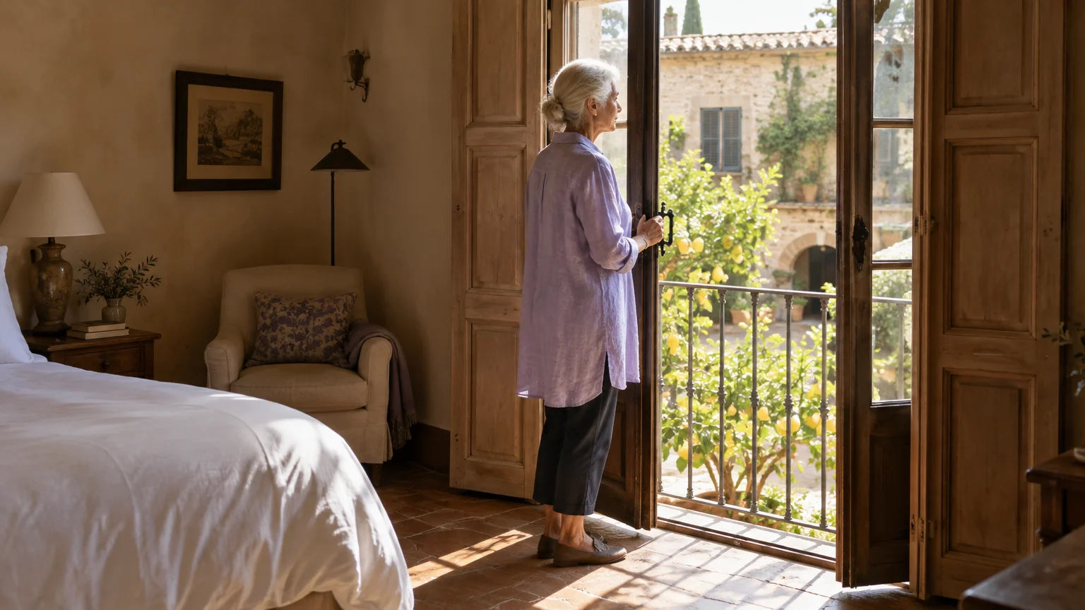 An older woman stands in a rustic bedroom, looking out open French balcony doors toward a courtyard with a lemon tree.
